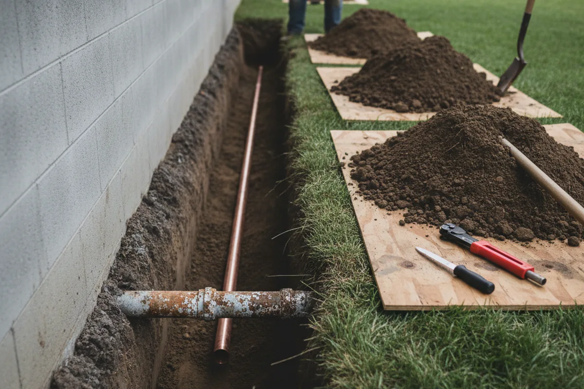Excavated water line trench during Sewer Line Repair in Shade